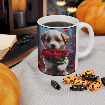 Ceramic Mug - PUPPYLOVE Art by Simon Chappell - Japanese Puppy Dog - Valentine's Gift - Birthday Gift - 11oz, 15oz