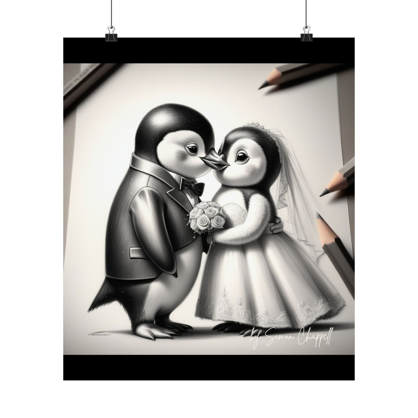 Vertical Poster - Penguin Wedding Matte Poster by Simon Chappell