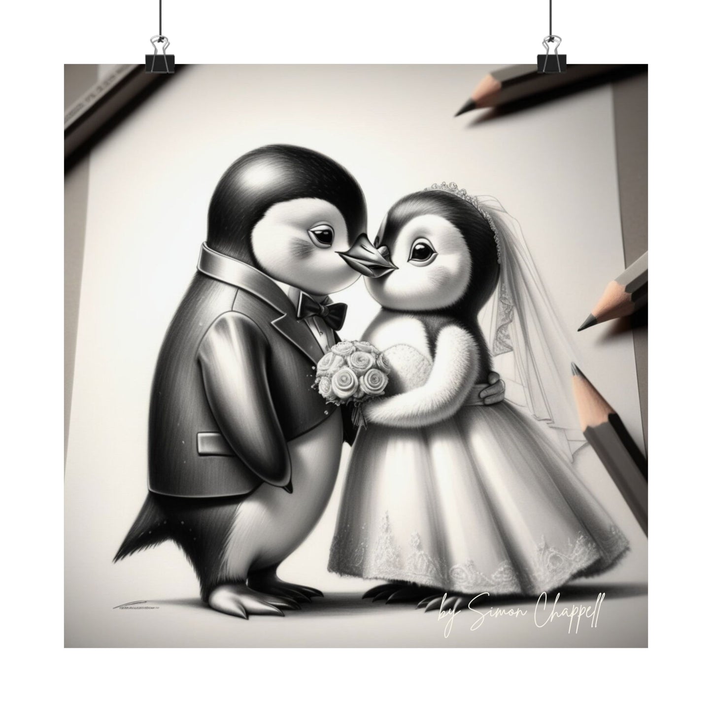 Vertical Poster - Penguin Wedding Matte Poster by Simon Chappell