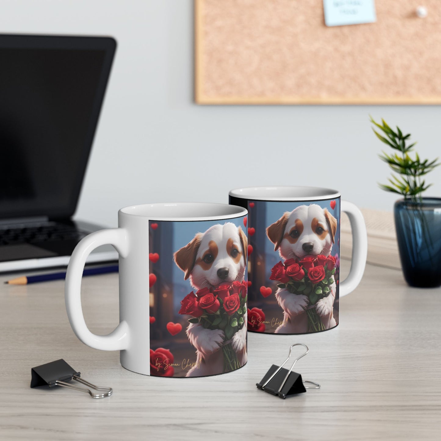 Ceramic Mug - PUPPYLOVE Art by Simon Chappell - Japanese Puppy Dog - Valentine's Gift - Birthday Gift - 11oz, 15oz