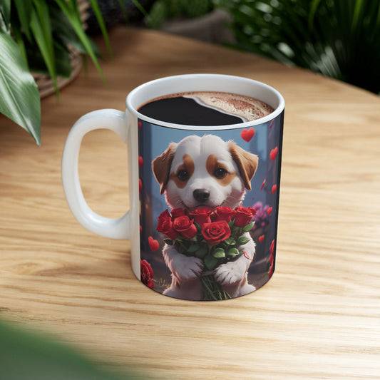 Ceramic Mug - PUPPYLOVE Art by Simon Chappell - Japanese Puppy Dog - Valentine's Gift - Birthday Gift - 11oz, 15oz