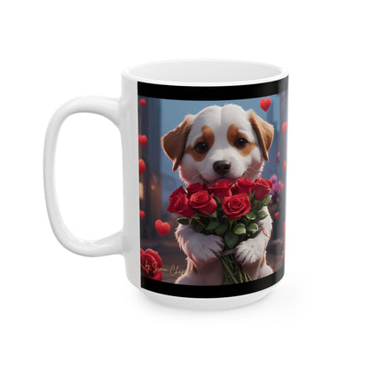 Ceramic Mug - PUPPYLOVE Art by Simon Chappell - Japanese Puppy Dog - Valentine's Gift - Birthday Gift - 11oz, 15oz