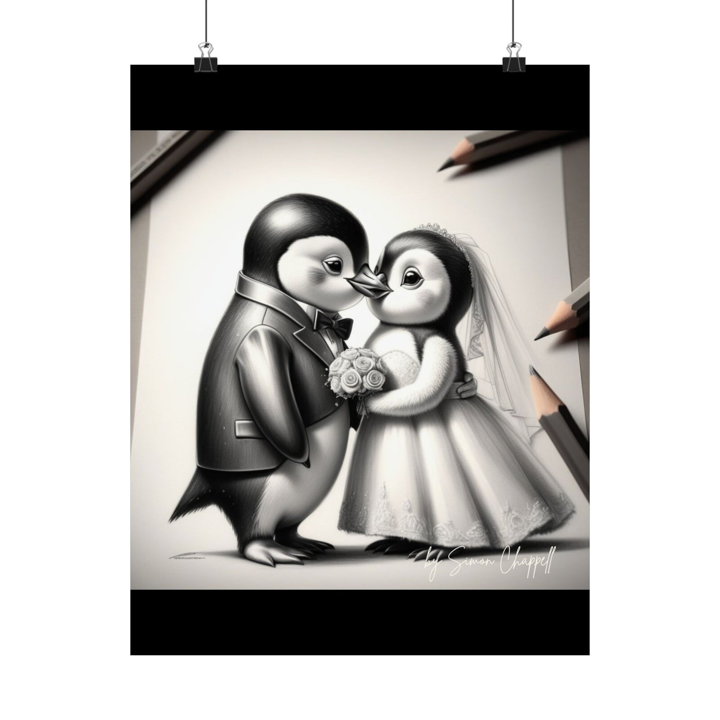 Vertical Poster - Penguin Wedding Matte Poster by Simon Chappell