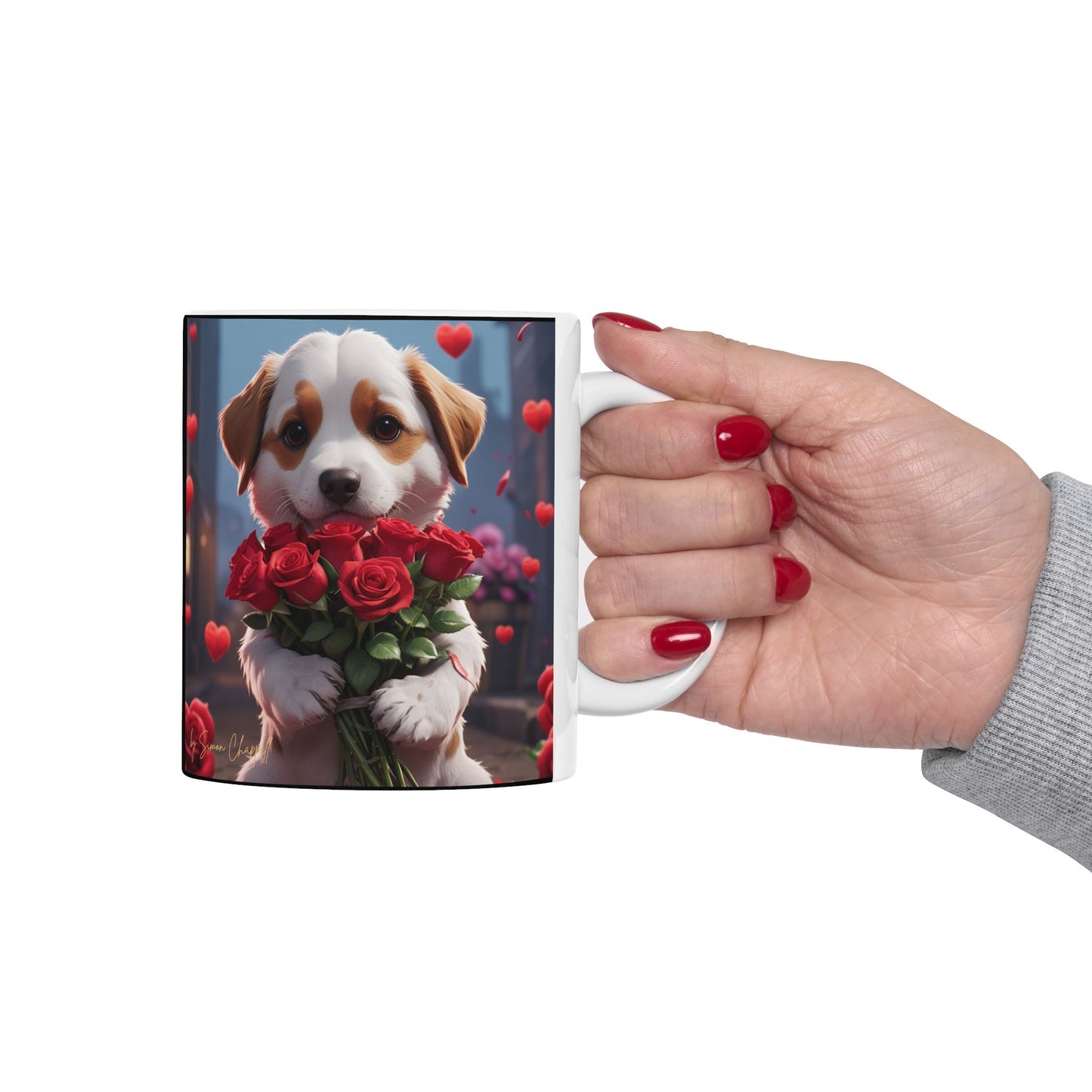 Ceramic Mug - PUPPYLOVE Art by Simon Chappell - Japanese Puppy Dog - Valentine's Gift - Birthday Gift - 11oz, 15oz