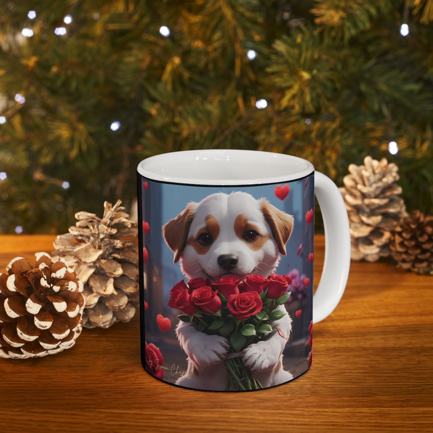 Ceramic Mug - PUPPYLOVE Art by Simon Chappell - Japanese Puppy Dog - Valentine's Gift - Birthday Gift - 11oz, 15oz