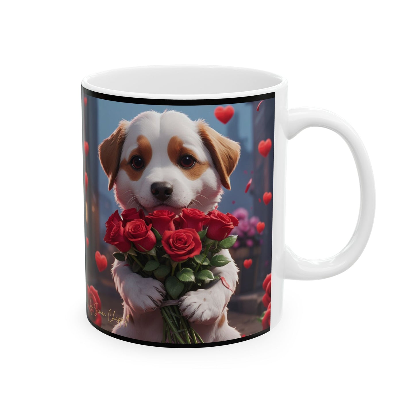 Ceramic Mug - PUPPYLOVE Art by Simon Chappell - Japanese Puppy Dog - Valentine's Gift - Birthday Gift - 11oz, 15oz