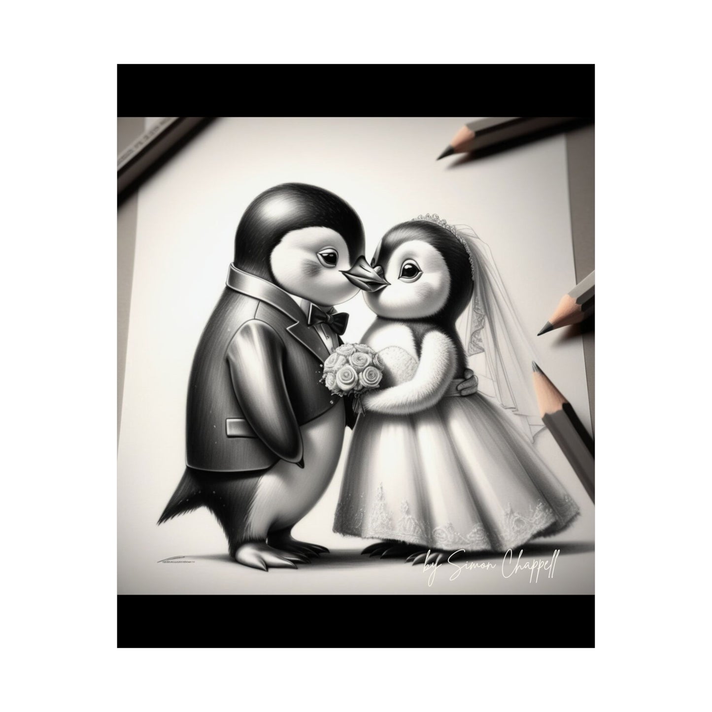 Vertical Poster - Penguin Wedding Matte Poster by Simon Chappell