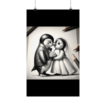 Vertical Poster - Penguin Wedding Matte Poster by Simon Chappell