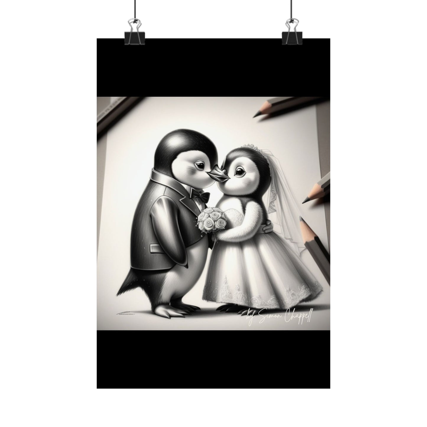 Vertical Poster - Penguin Wedding Matte Poster by Simon Chappell