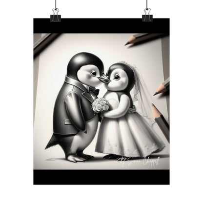 Vertical Poster - Penguin Wedding Matte Poster by Simon Chappell