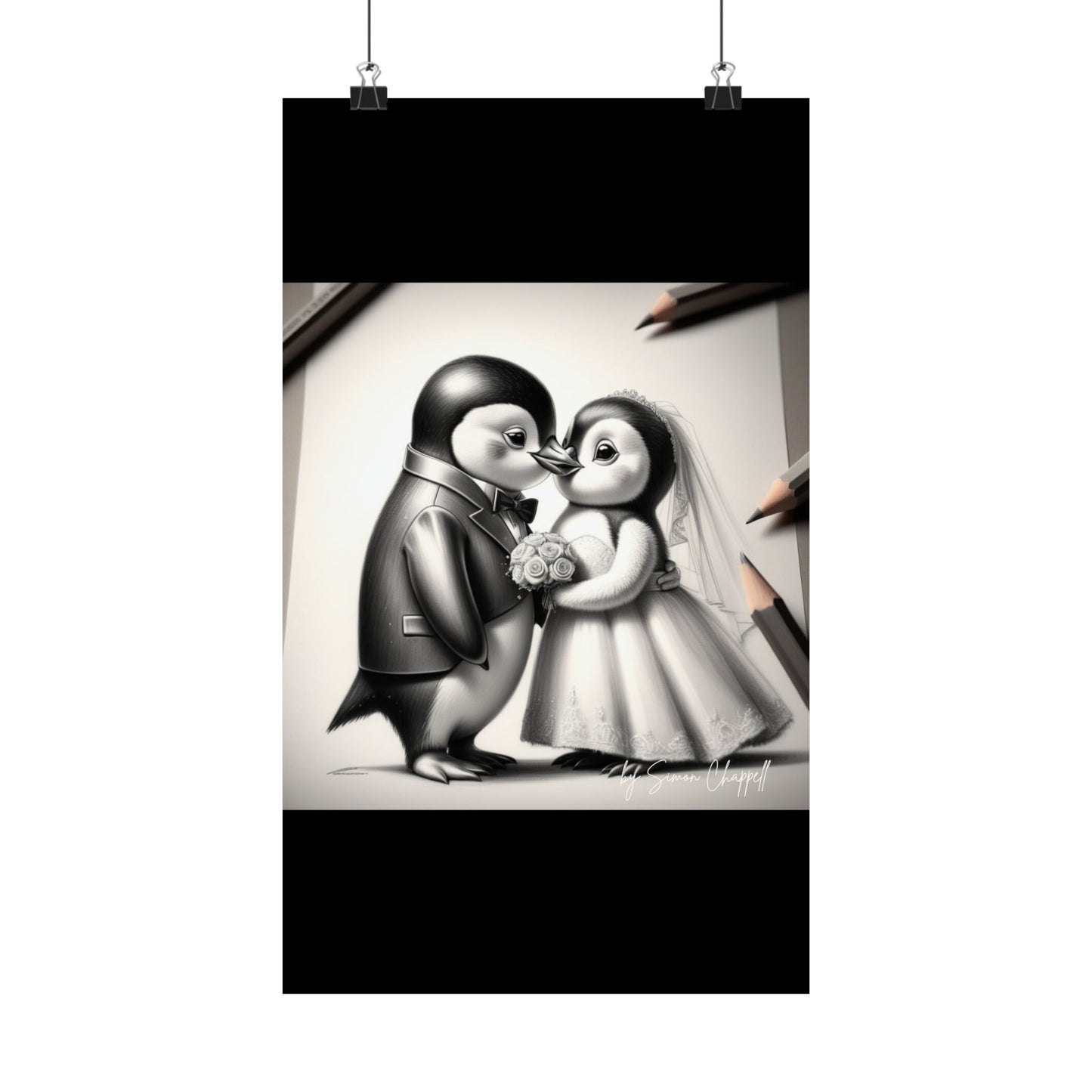 Vertical Poster - Penguin Wedding Matte Poster by Simon Chappell