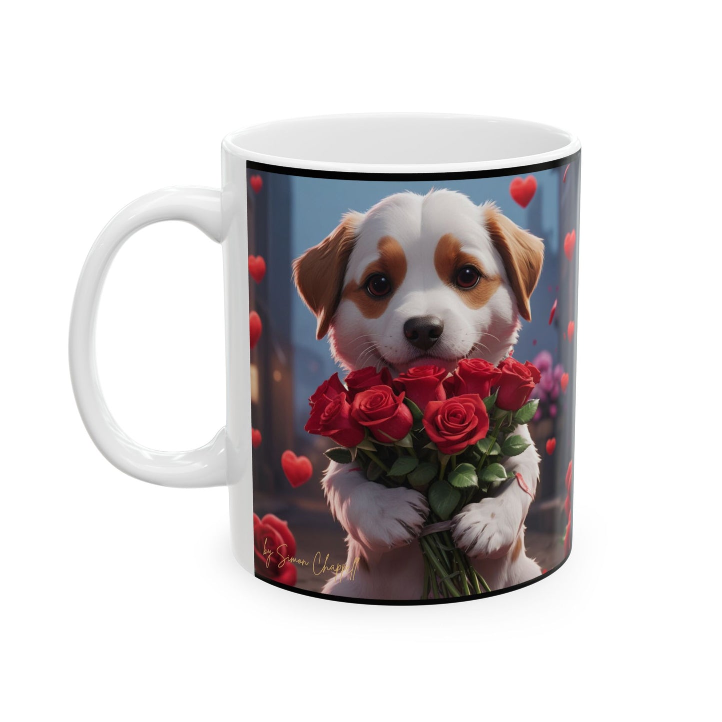 Ceramic Mug - PUPPYLOVE Art by Simon Chappell - Japanese Puppy Dog - Valentine's Gift - Birthday Gift - 11oz, 15oz