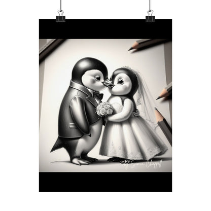 Vertical Poster - Penguin Wedding Matte Poster by Simon Chappell