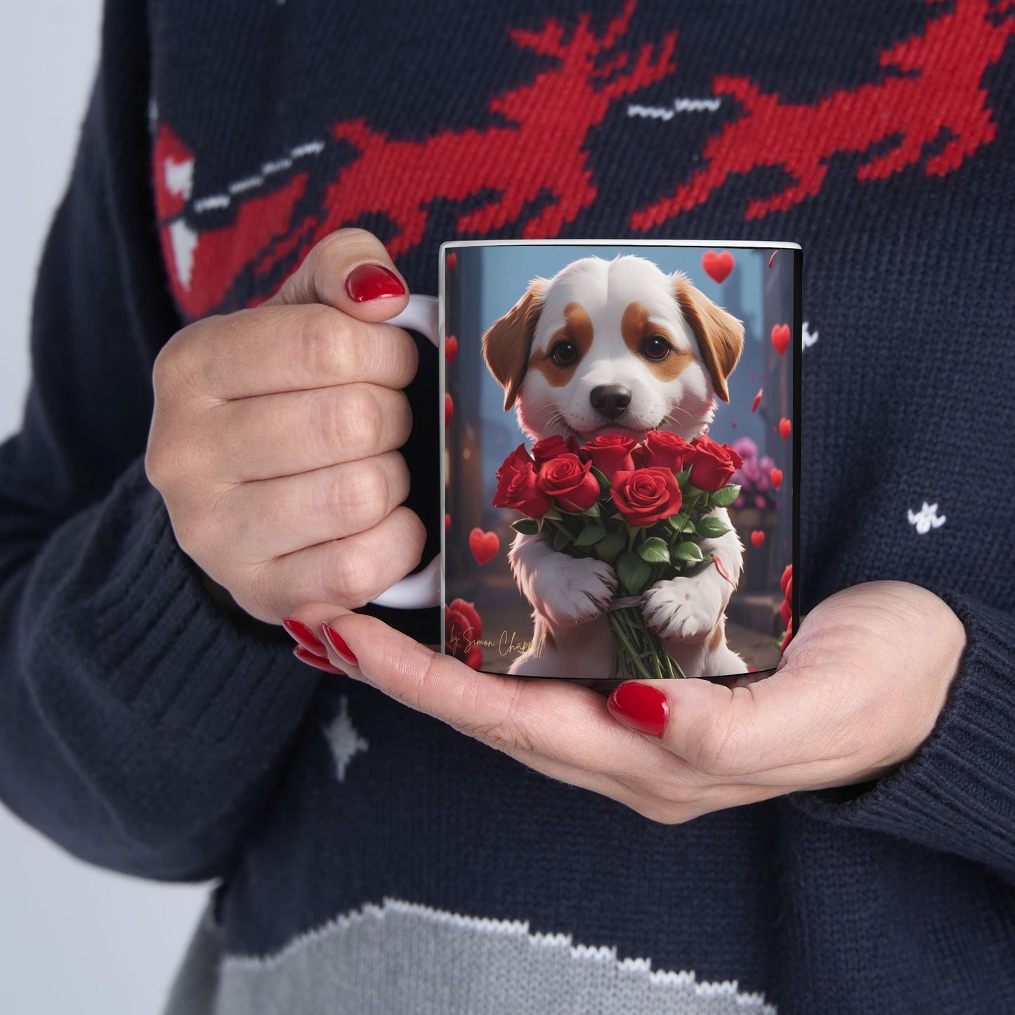 Ceramic Mug - PUPPYLOVE Art by Simon Chappell - Japanese Puppy Dog - Valentine's Gift - Birthday Gift - 11oz, 15oz