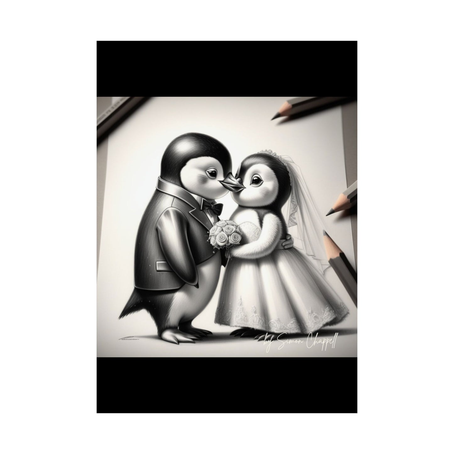 Vertical Poster - Penguin Wedding Matte Poster by Simon Chappell