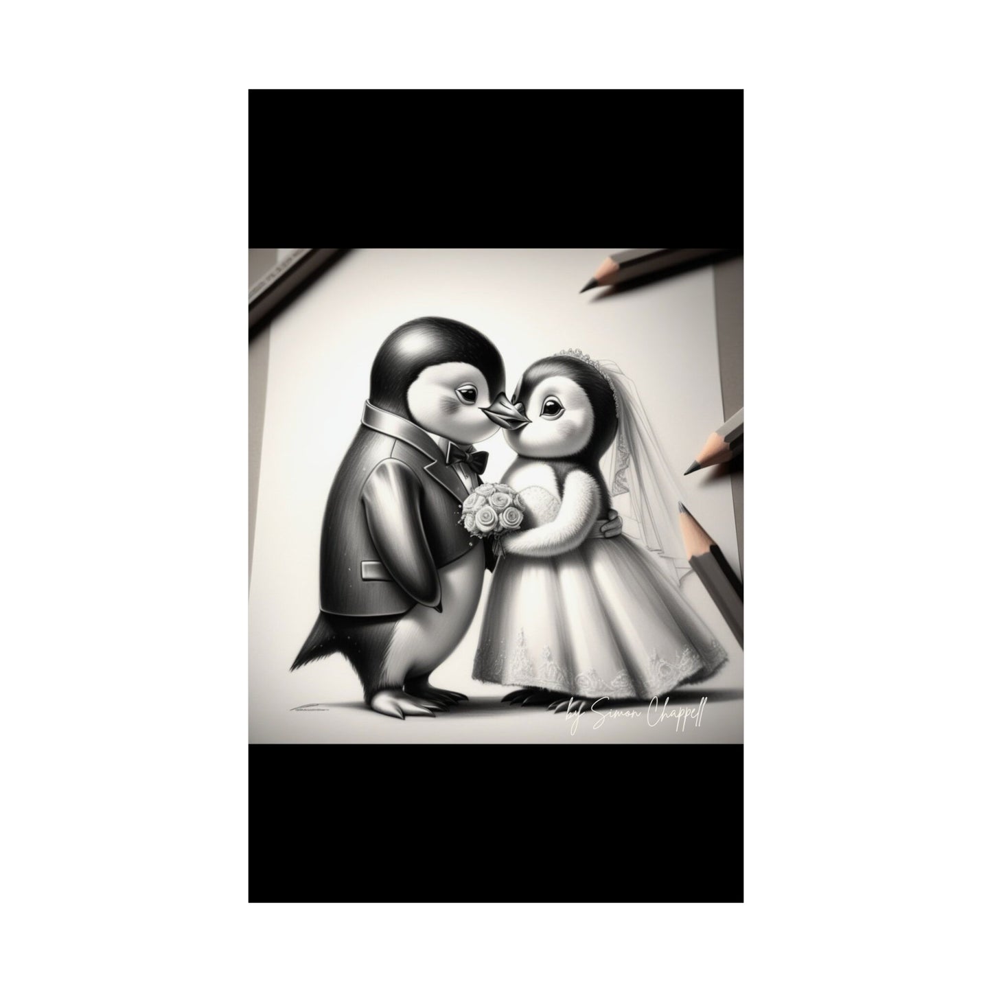 Vertical Poster - Penguin Wedding Matte Poster by Simon Chappell