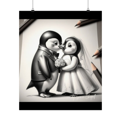 Vertical Poster - Penguin Wedding Matte Poster by Simon Chappell