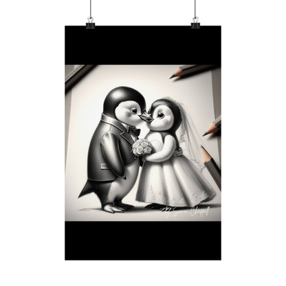 Vertical Poster - Penguin Wedding Matte Poster by Simon Chappell