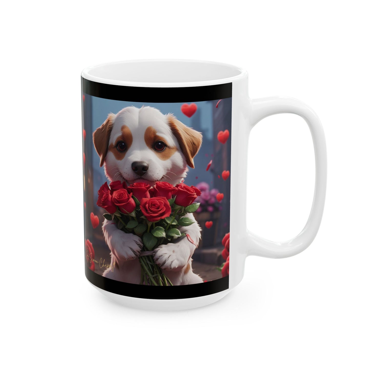 Ceramic Mug - PUPPYLOVE Art by Simon Chappell - Japanese Puppy Dog - Valentine's Gift - Birthday Gift - 11oz, 15oz