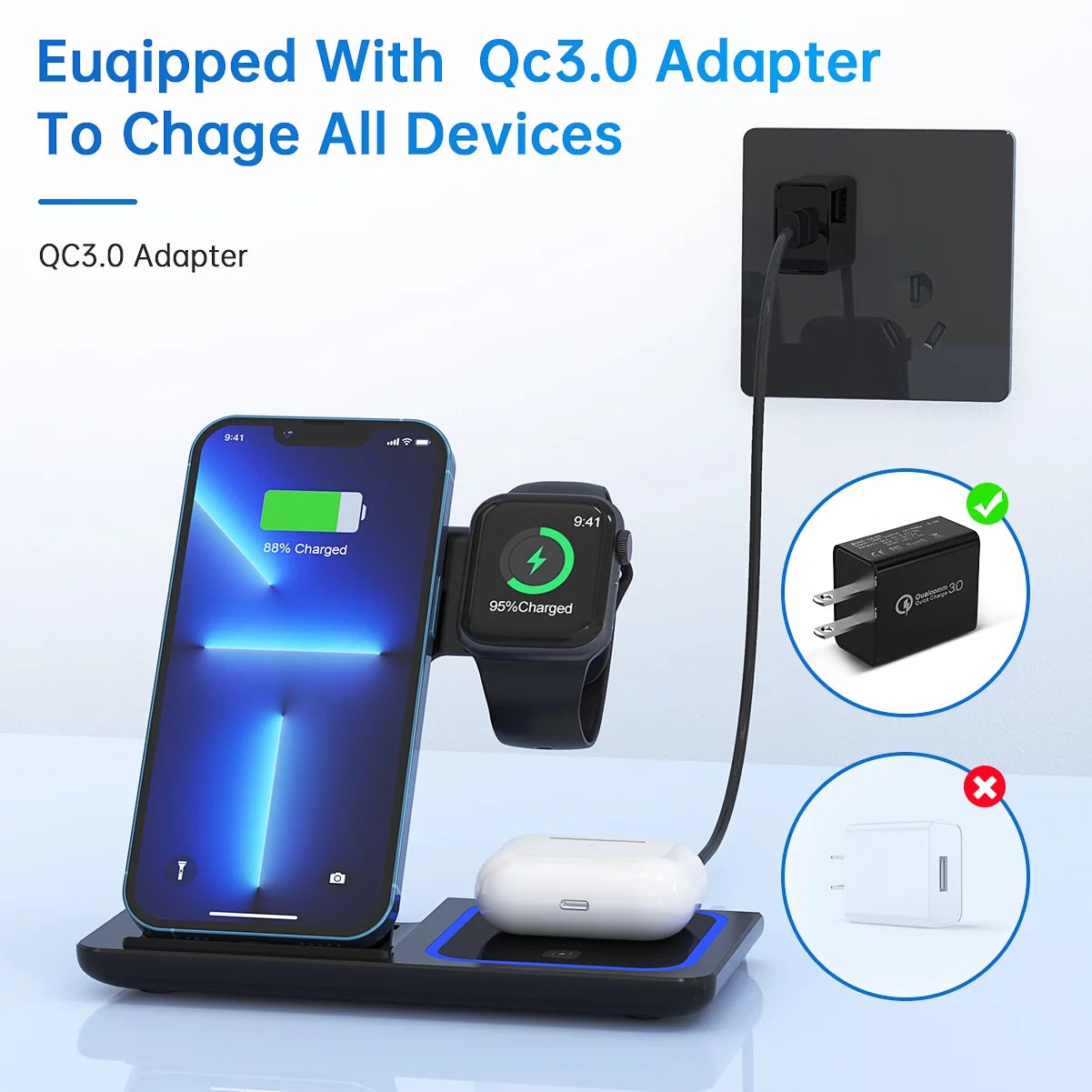 2024 Upgraded Wireless Charging Station, 18W 3 in 1 Charger Station, Fast Charging Dock Stand for Iwatch Series 10/9/8/7/6/SE/5/4/3/2, Compatible with Iphone 16 15 14 13 12 11 Pro/Xs/Samsung & Airpod