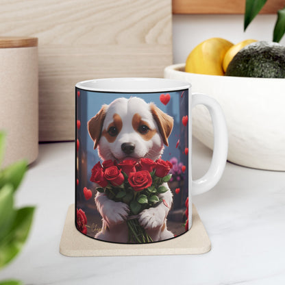 Ceramic Mug - PUPPYLOVE Art by Simon Chappell - Japanese Puppy Dog - Valentine's Gift - Birthday Gift - 11oz, 15oz