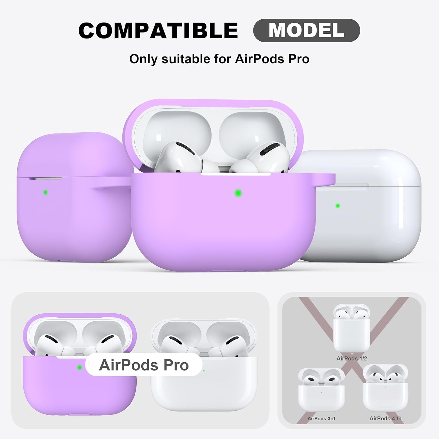 Airpods Pro Case Cover with Keychain, Full Protective Silicone Skin Accessories for Women Girl with Apple 2019 Latest Airpods Pro Case, Front LED Visible-Lavender